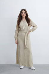 Women’s Tomato Store Desert Gauze Maxi Dress With Allover Cotton Crinkle Slub Texture Front Tassel Tie Detail Self Waist Belt Relaxed Flowing Fit
