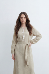 Women’s Tomato Store Desert Gauze Maxi Dress With Allover Cotton Crinkle Slub Texture Front Tassel Tie Detail Self Waist Belt Relaxed Flowing Fit