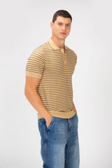 Men's Slim Fit Striped Short Sleeve Half Buttons Polo T-Shirt