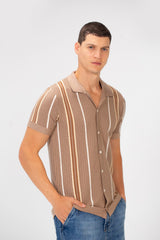 Men's Slim Fit Striped Full Button Short Sleeve Polo Shirt