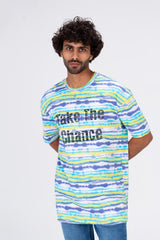 Mens T-shirt With Round Neck Multi Color Stripe And Take The Chance Print