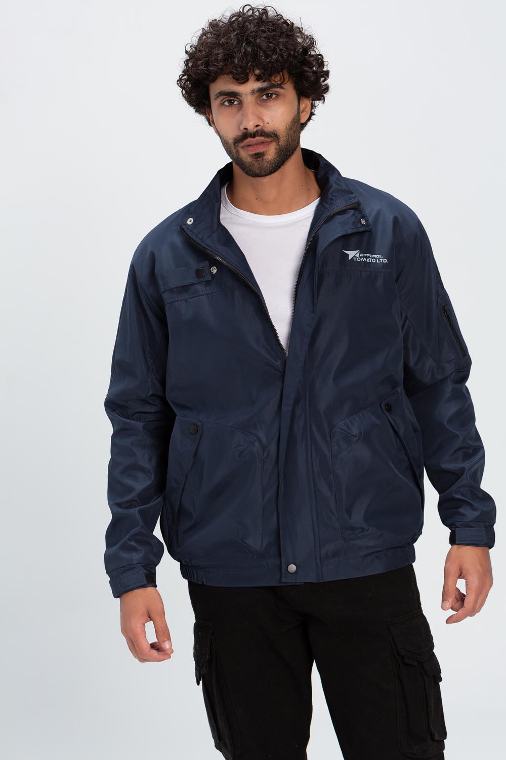 Men's navy blue waterproof jacket with a full zipper, stand collar, and multiple utility pockets.
