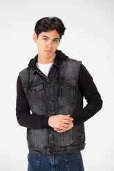 Men's Back Text Print Denim Jacket With Melton Sleeves And Hood