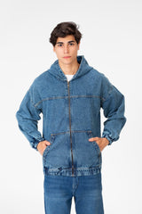 Men's Hood Denim Jacket With Full Front Zipper