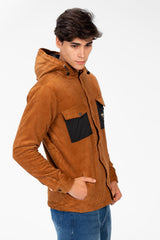 Men's Suede Hood Jacket With Front Pockets