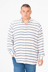 Men's Big Size Beige Striped Long Sleeved Shirt