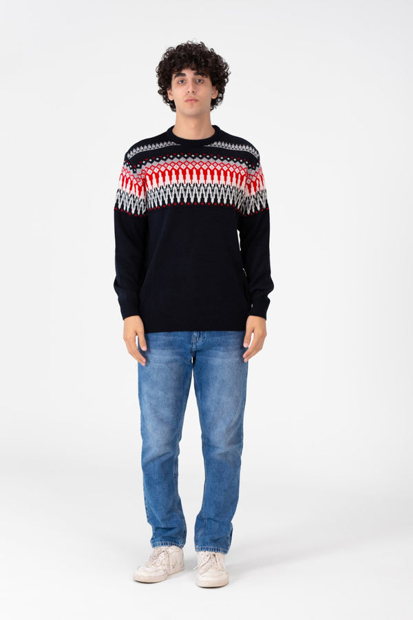Men's Round Neck Long Sleeves Jakar Pullover With Print On The Top