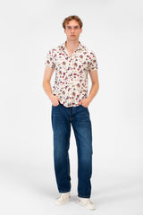 Men's Short Sleeve Floral Print Slim Fit Poplin Shirt
