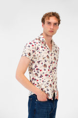 Men's Short Sleeve Floral Print Slim Fit Poplin Shirt