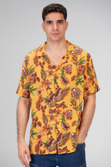 Mens Half Sleeved Shirt With Front Buttons And Summer Print In Orange