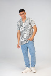 قميص رجالي بأكمام نصفية جاكار بقصة Slim Fit مصنوع من قطن فيسكوز مطبوع