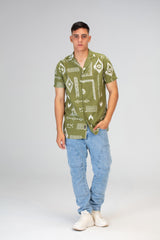 قميص رجالي بأكمام قصيرة جاكار مصنوع من قماش الكتان