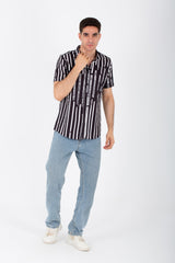 Mens Short Sleeve Striped Slim Fit Shirt In Printed Poplin Material
