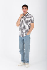 Mens Short Sleeve Striped Slim Fit Shirt In Printed Poplin Material