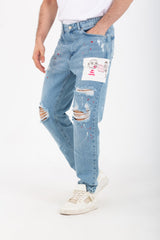 Men's Boyfriend Cutting Jeans Printed With Badge Tomato On The Back