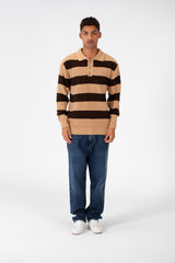 Men's Striped Polo Pullover With Front Buttons And Comfortable Flexible Material