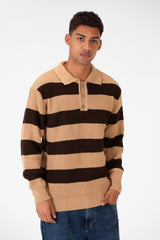 Men's Striped Polo Pullover With Front Buttons And Comfortable Flexible Material