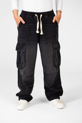 Men's Cargo Jeans Pants With Elastic Waist And Side Pockets