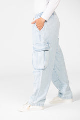 Men's Cargo Jeans Pants With Elastic Waist And Side Pockets