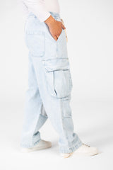 Men's Cargo Jeans Pants With Elastic Waist And Side Pockets