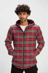 Men's Regular Fit Full Zipper Side Pockets Checked Wool Padded Hooded Shirt