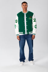 Men's Winter Varsity Baseball Jacket with White Stripes In Green