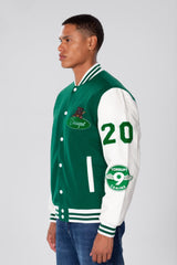 Men's Winter Varsity Baseball Jacket with White Stripes In Green