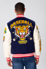 Men's Navy Varsity Baseball Jacket with Raised Print