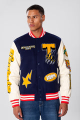 Men's Navy Varsity Baseball Jacket with Raised Print