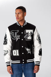 Men's Winter Varsity Printed Baseball Jacket With Stripes In White