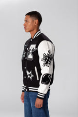 Men's Winter Varsity Printed Baseball Jacket With Stripes In White