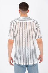 Mens Casual Striped Shirts Summer Short Sleeve Button Front In White
