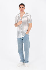 Mens Casual Striped Shirts Summer Short Sleeve Button Front In White