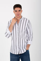 Mens Striped Slim Fit Poplin Shirt With Long Sleeves And Collar