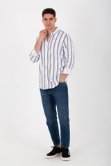 Mens Striped Slim Fit Poplin Shirt With Long Sleeves And Collar