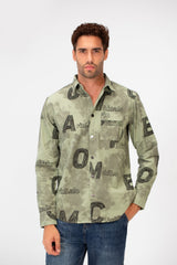 Men's Long Sleeved Letter Print Casual Shirt With Front Pocket