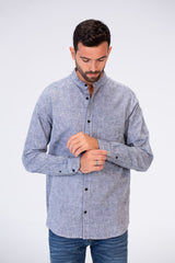 قميص رجالي أساسي Slim Fit كتان بأكمام طويلة وأزرار من الأمام