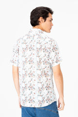 قميص رجالي Slim Fit بوبلين نصف كم أبيض بنقشة خشبية