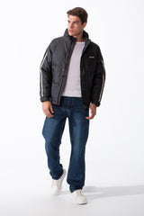 Men's Waterproof Long Stripe Sleeves High Neck Full-Zip Side Pockets Puffer Jacket