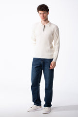 Men's Vertical Ribbed Knit Polo Classic Spread Polo Collar With Half Zip Closure Smart Casual Pullover