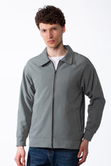 Men's Wool Blend Full-Zip Jacket Spread Collar Welt Side Pockets Ribbed Cuffs And Hem Classic Casual Style