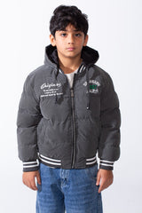 Boy’s Double-Face Waterproof Hooded Puffer Jacket with Front Zip Ribbed Cuffs & Hem and Graphic Chest Print