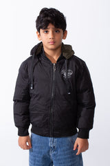 Boy’s Double-Face Waterproof Hooded Puffer Jacket with Front Zip Ribbed Cuffs & Hem and Graphic Chest Print
