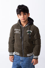Boy’s Double-Face Waterproof Hooded Puffer Jacket with Front Zip Ribbed Cuffs & Hem and Graphic Chest Print
