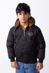 Boy’s Double-Face Waterproof Hooded Puffer Jacket with Front Zip Ribbed Cuffs & Hem and Graphic Chest Print