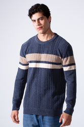 Men's Round Neck Textured Stripe Slim Fit Knit Pullover