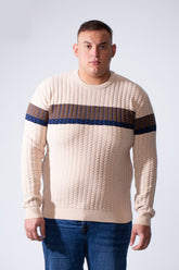 Men's Long Sleeve Textured Cable-Knit Pattern Crew Neck Chest Front Striped Comfy Modern Big Size Pullover