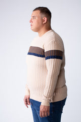 Men's Long Sleeve Textured Cable-Knit Pattern Crew Neck Chest Front Striped Comfy Modern Big Size Pullover