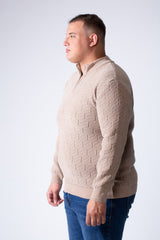 Men's Quarter-Zip Textured Chevron Knit Pattern With Practical High Neckline Slim Fit Versatile Casual Big Size Pullover