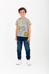 تيشيرت نصف كم أولاد مطبوع بوجه مبتسم وياقة دائرية